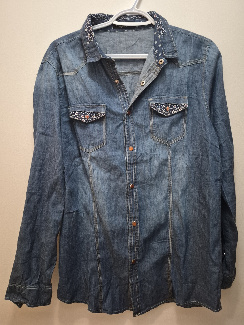 Denim Button-Up Blouae with Printed Trim - Blue